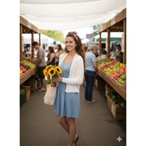 On Blue White Open Front, Peplum Back.  16" PTP,  20" Long. Romantic, Lagonlook,